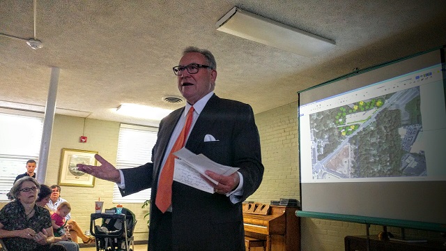 Attorney Douglas Dillard speaks to Medlock Park residents about a proposed hotel during a meeting at North Decatur United Methodist Church on June 1. Photo by Dan Whisenhunt