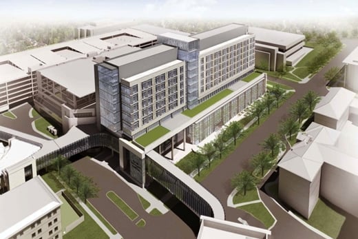 From Emory University: "This rendering shows Clifton Road in front of Emory University Hospital's new J wing, which is under construction now. The Clifton Streetscape project includes widening the road and adjacent sidewalks, which will be separated from the street by landscaped buffers, among other improvements. As part of the hospital construction, a new, two-story pedestrian bridge will be installed over Clifton Road."