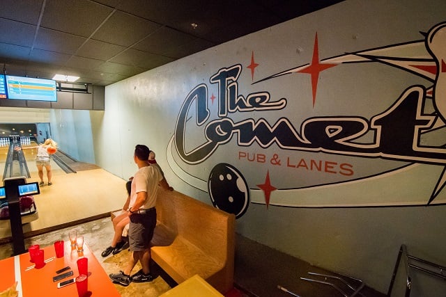 Patrons enjoy a night of bowling on opening night at The Comet Pub & Lanes.