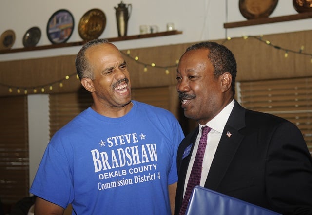 (left to right) Howard O'Dell talks with Steve Bradshaw during Bradshaw's election watch party on July 26. Photo by Rebecca Breyer