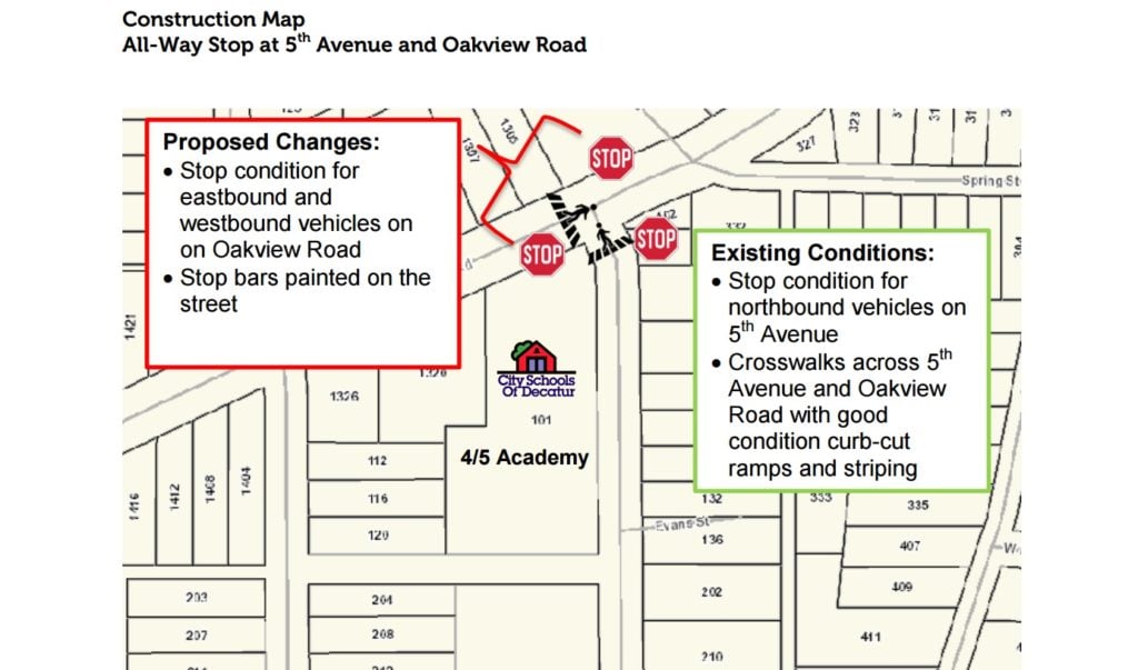 A map showing the location of a proposed all-way stop near the 4/5 Academy. Source: City of Decatur