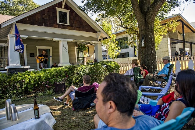 David Leonard performs off of Mead Rd. during the annual Oakhurst Porchfest on Saturday. Photo: Jonathan Phillips