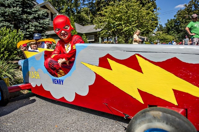 Henry Manso waits in his car for the start of the 6th annual Madison Ave. Soapbox Derby in Oakhurst on Saturday. Photo: Jonathan Phillips