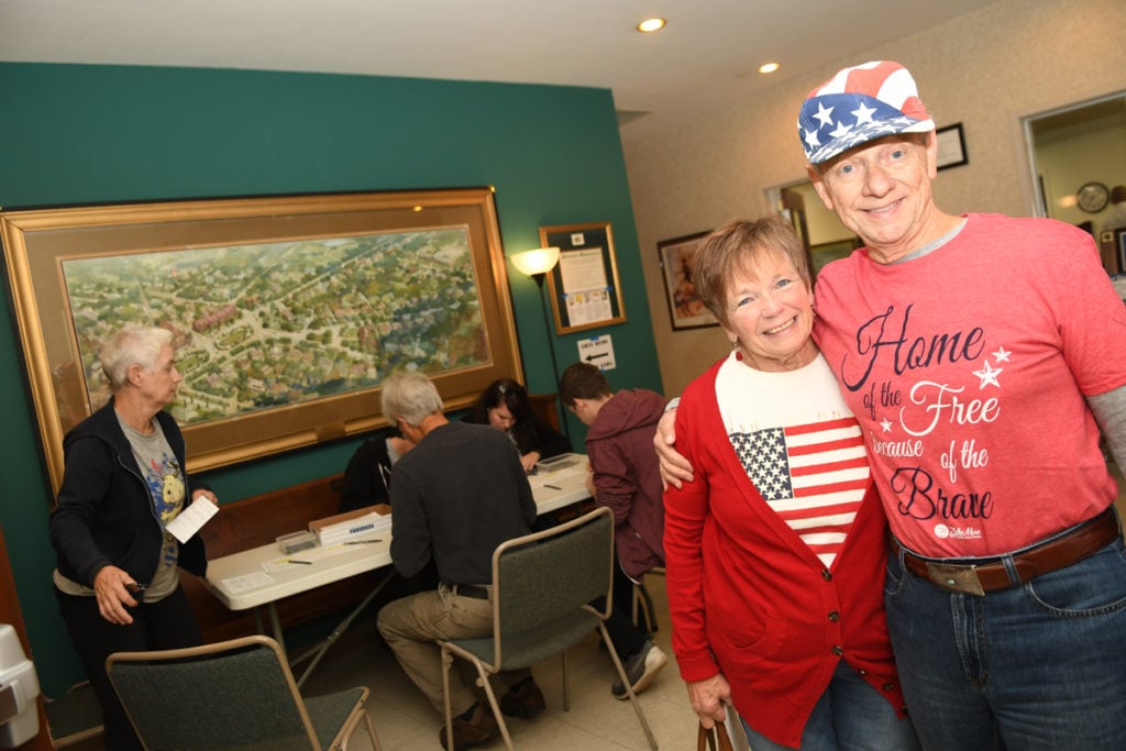 Mary Ann Anziano and her husband, Joe Anziano, are all decked out in the red, white and blue at Avondale CIty Hall on November 8, 2016. Mary Ann says, "I am proud to see this. Whatever happens, our country will be fine because we are a great nation."